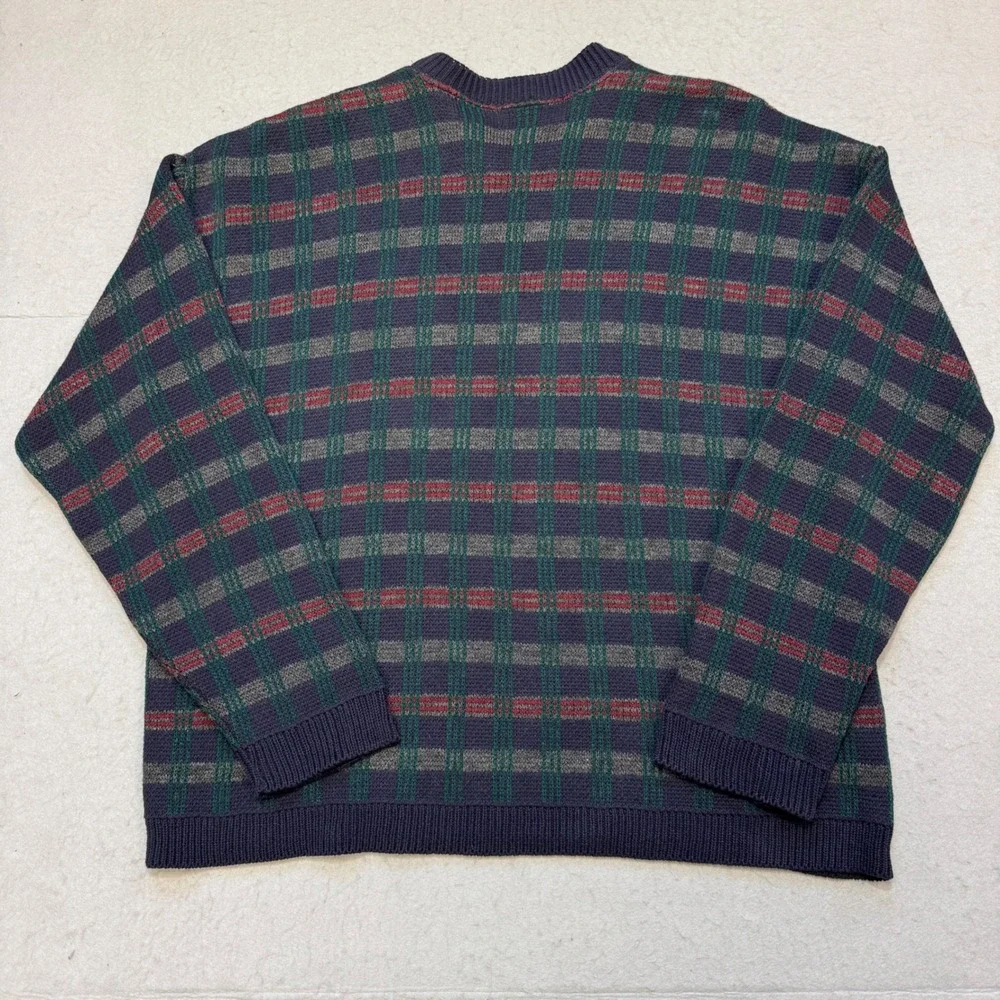 VTG 90s‎ Arcadia Sweater Mens L Blue Red Green Plaid Knit Made in USA Crewneck